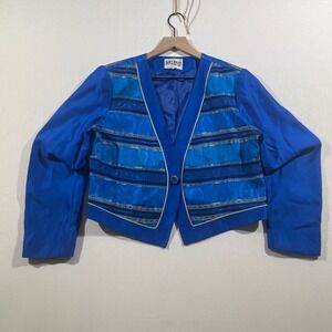 VTG Nancy Bolen Petites Tapestry Cropped Blazer Size 8 Women Blue Paisley Jacket